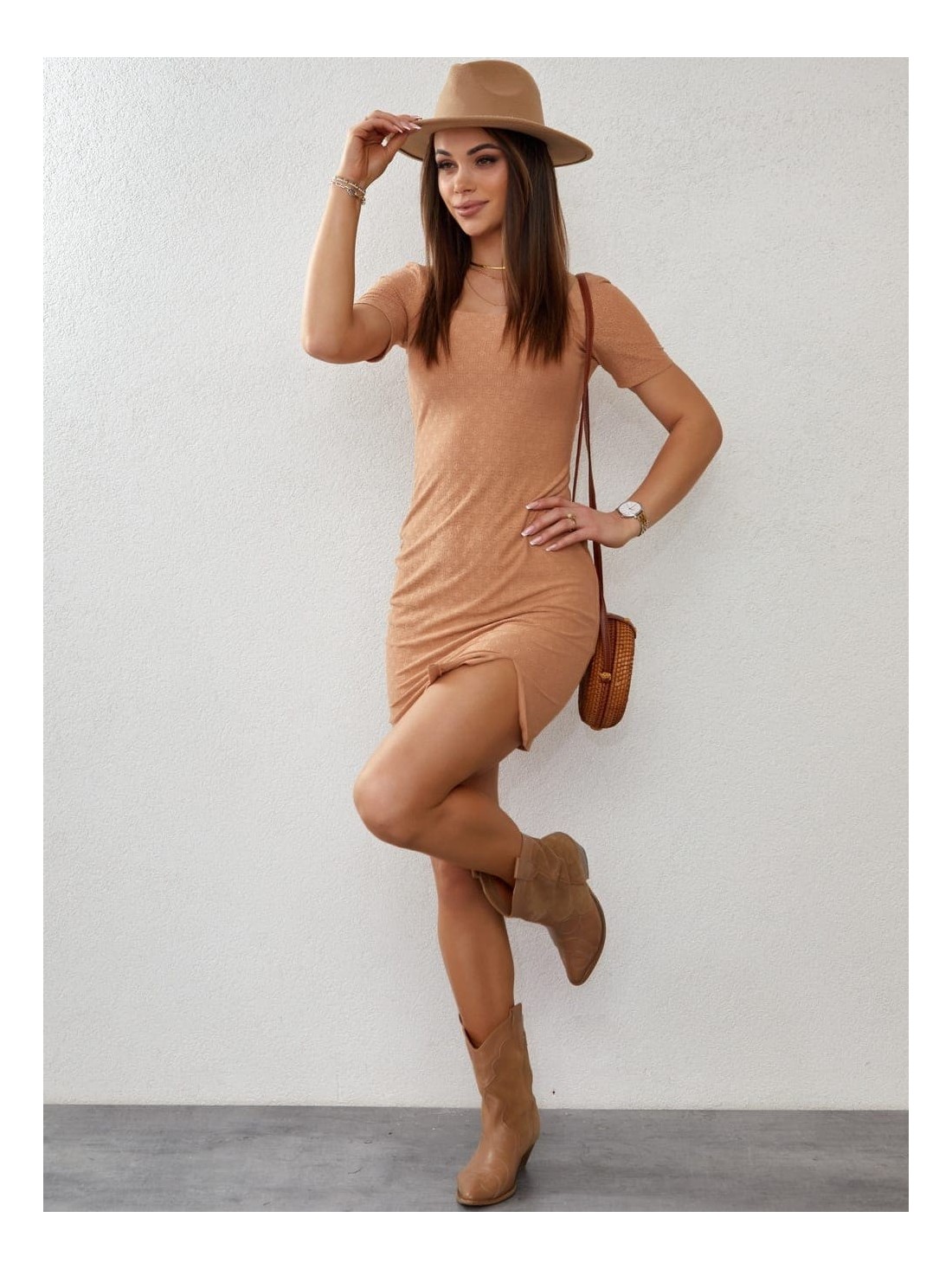 Light mini dress with short sleeves, dark beige 110646 - Online store - Boutique